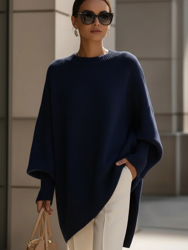 Mjuk tröja dam bekväm oversize stickad poncho - Navy